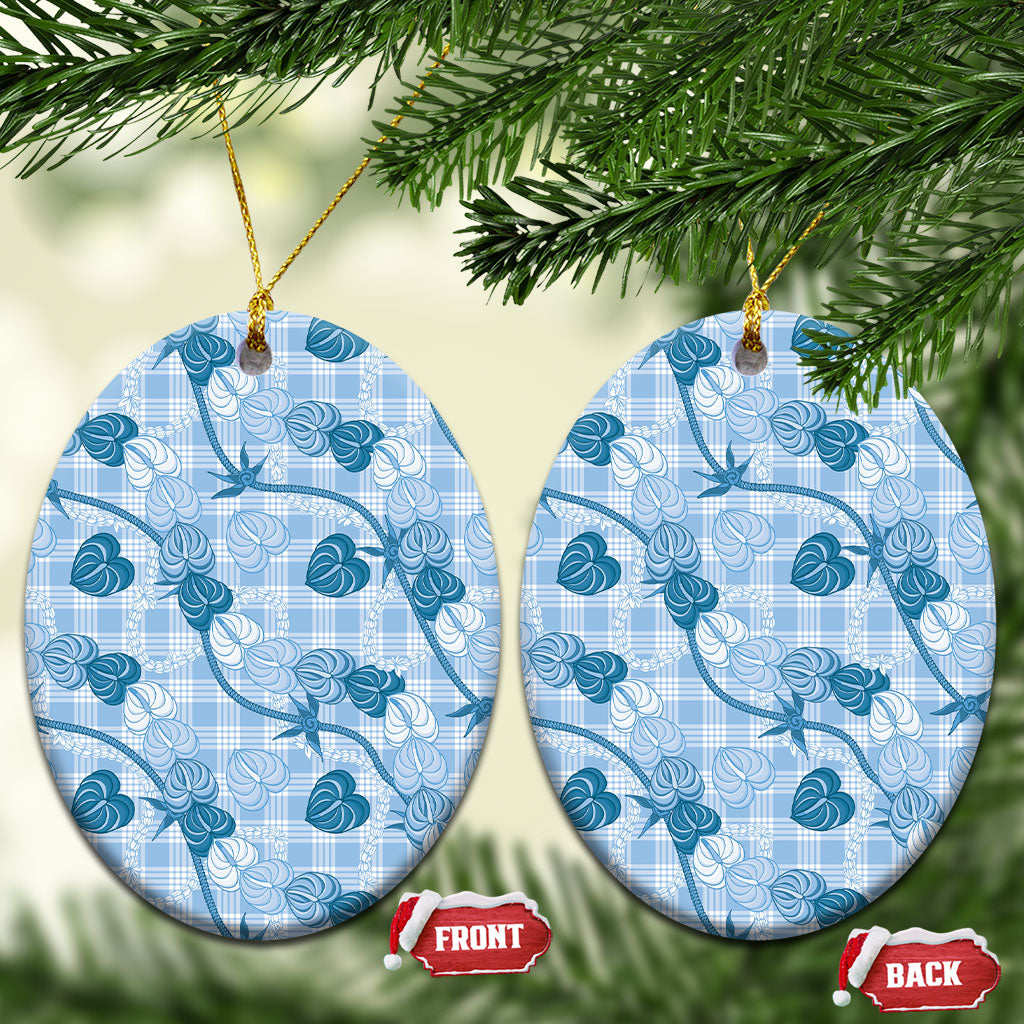 Anthurium Pikake Ti Leaf Palaka Ceramic Ornament Blue Version LT01 Oval Blue - Polynesian Pride