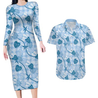 Anthurium Pikake Ti Leaf Palaka Couples Matching Long Sleeve Bodycon Dress and Hawaiian Shirt Blue Version