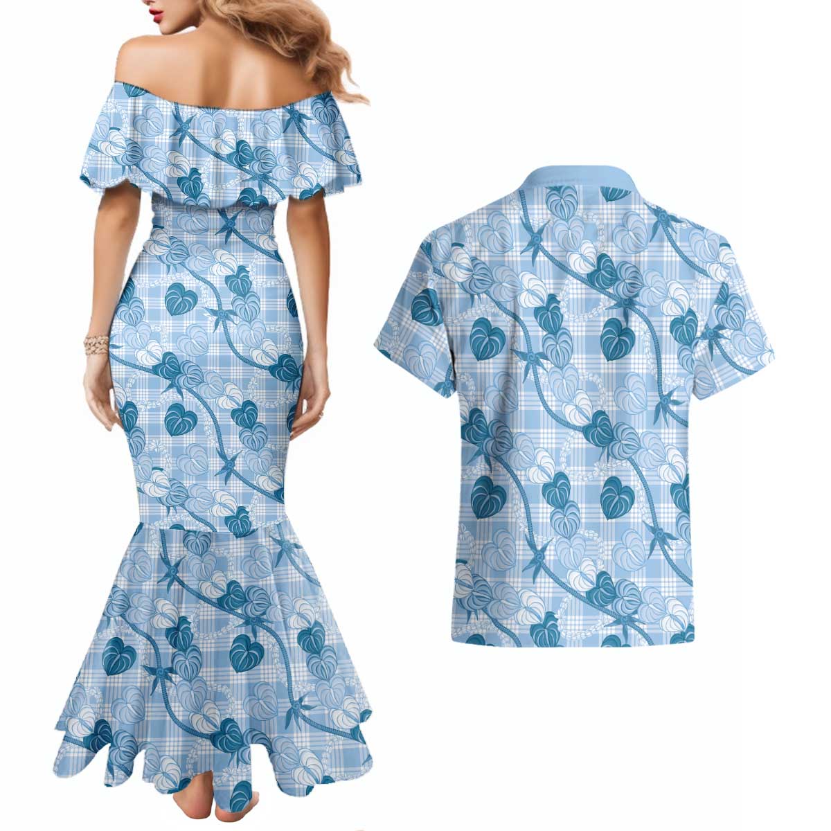 Anthurium Pikake Ti Leaf Palaka Couples Matching Mermaid Dress and Hawaiian Shirt Blue Version