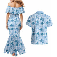 Anthurium Pikake Ti Leaf Palaka Couples Matching Mermaid Dress and Hawaiian Shirt Blue Version