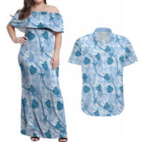 Anthurium Pikake Ti Leaf Palaka Couples Matching Off Shoulder Maxi Dress and Hawaiian Shirt Blue Version