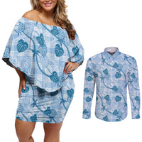 Anthurium Pikake Ti Leaf Palaka Couples Matching Off Shoulder Short Dress and Long Sleeve Button Shirt Blue Version