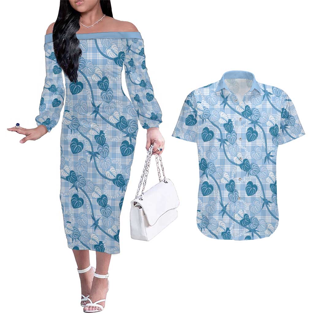Anthurium Pikake Ti Leaf Palaka Couples Matching Off The Shoulder Long Sleeve Dress and Hawaiian Shirt Blue Version