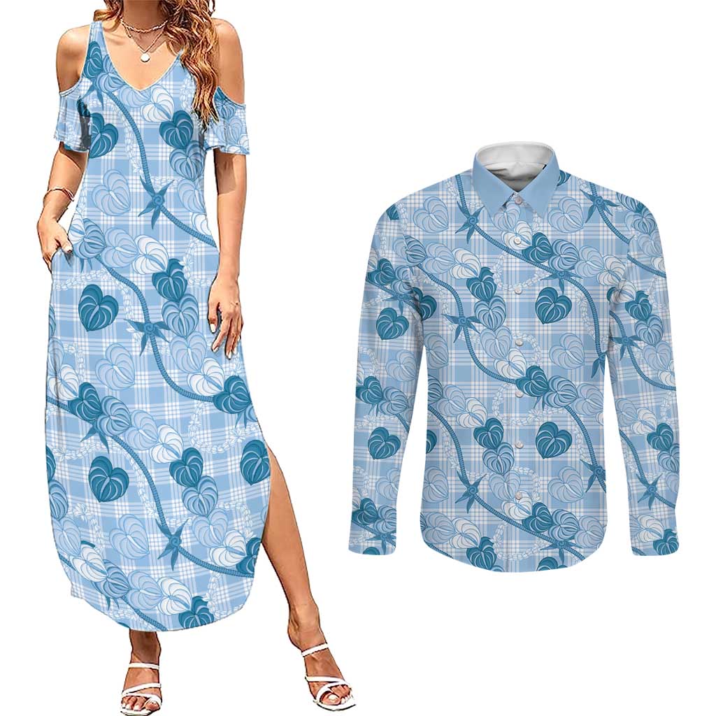 Anthurium Pikake Ti Leaf Palaka Couples Matching Summer Maxi Dress and Long Sleeve Button Shirt Blue Version