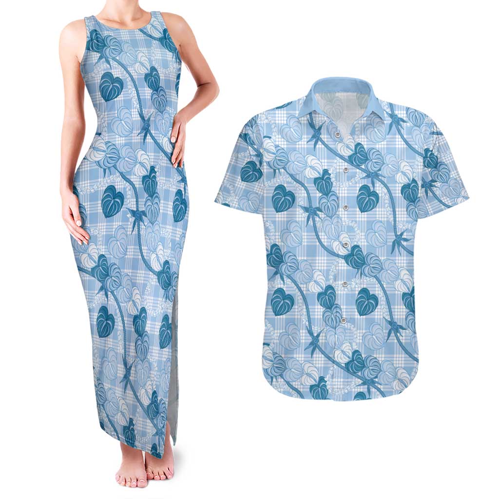 Anthurium Pikake Ti Leaf Palaka Couples Matching Tank Maxi Dress and Hawaiian Shirt Blue Version