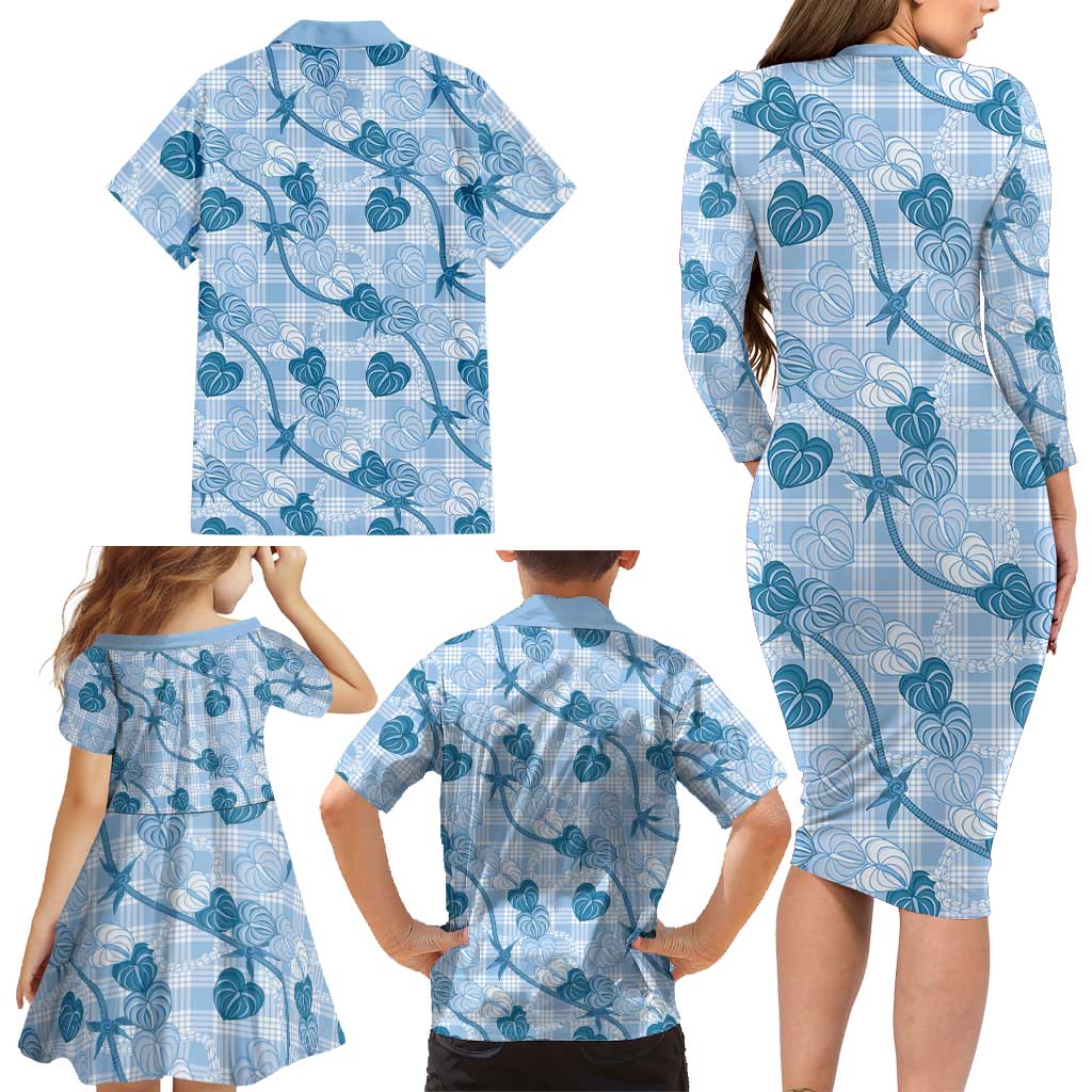 Anthurium Pikake Ti Leaf Palaka Family Matching Long Sleeve Bodycon Dress and Hawaiian Shirt Blue Version LT01 - Polynesian Pride