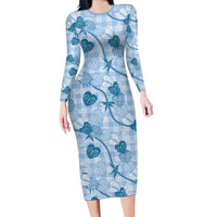 Anthurium Pikake Ti Leaf Palaka Family Matching Long Sleeve Bodycon Dress and Hawaiian Shirt Blue Version LT01 Mom's Dress Blue - Polynesian Pride