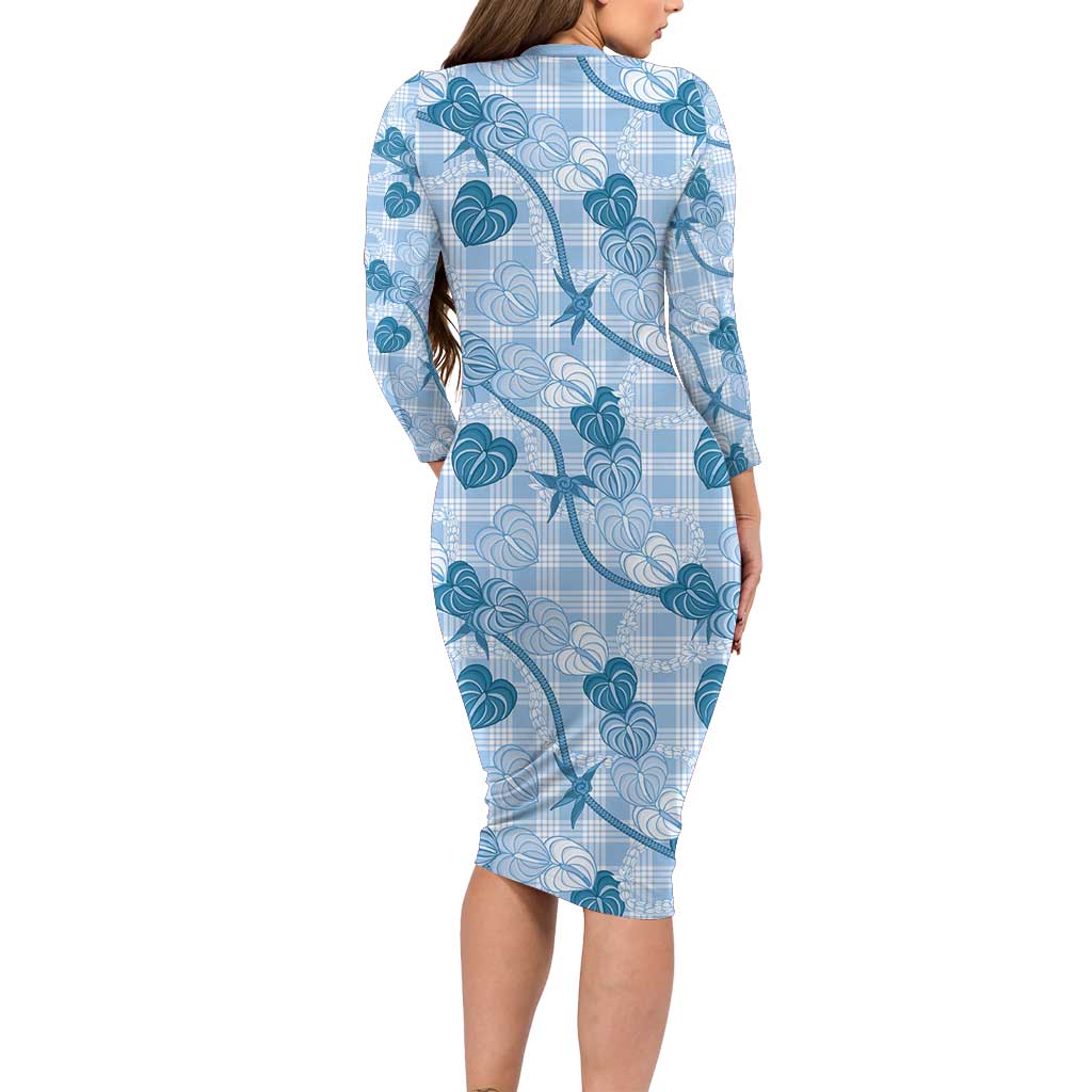 Anthurium Pikake Ti Leaf Palaka Family Matching Long Sleeve Bodycon Dress and Hawaiian Shirt Blue Version LT01 - Polynesian Pride