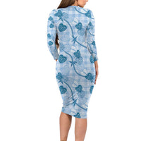 Anthurium Pikake Ti Leaf Palaka Family Matching Long Sleeve Bodycon Dress and Hawaiian Shirt Blue Version LT01 - Polynesian Pride