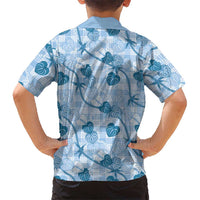 Anthurium Pikake Ti Leaf Palaka Family Matching Off The Shoulder Long Sleeve Dress and Hawaiian Shirt Blue Version LT01 - Polynesian Pride