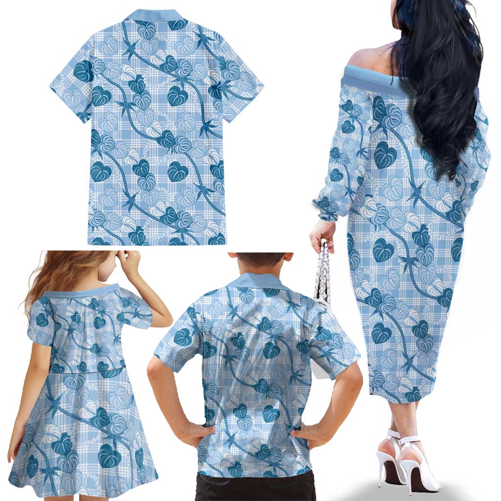 Anthurium Pikake Ti Leaf Palaka Family Matching Off The Shoulder Long Sleeve Dress and Hawaiian Shirt Blue Version LT01 - Polynesian Pride