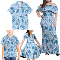 Anthurium Pikake Ti Leaf Palaka Family Matching Off Shoulder Maxi Dress and Hawaiian Shirt Blue Version LT01 - Polynesian Pride