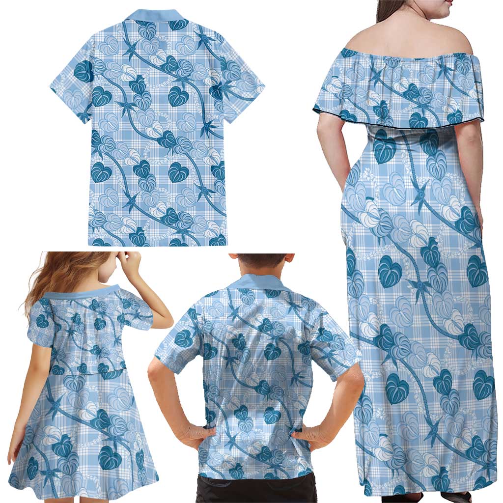 Anthurium Pikake Ti Leaf Palaka Family Matching Off Shoulder Maxi Dress and Hawaiian Shirt Blue Version LT01 - Polynesian Pride