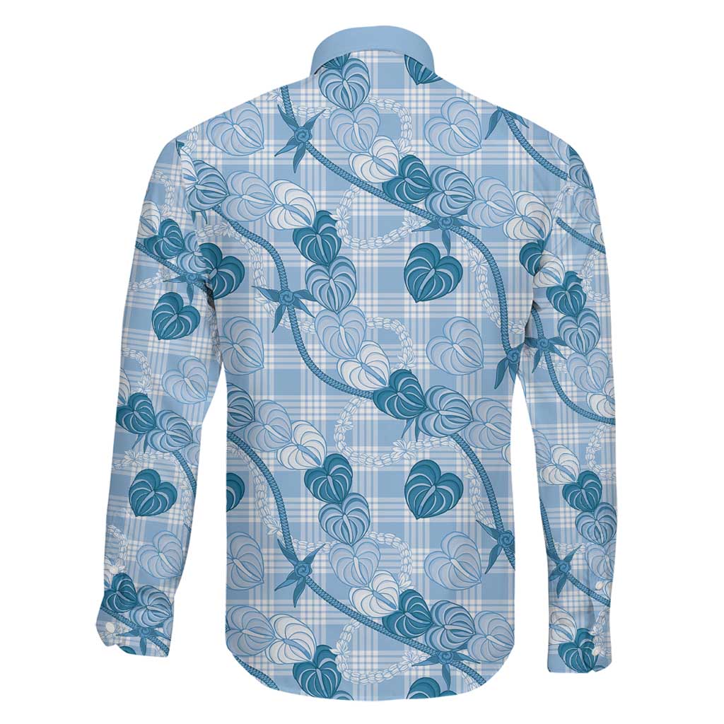 Anthurium Pikake Ti Leaf Palaka Family Matching Off Shoulder Maxi Dress and Hawaiian Shirt Blue Version LT01 - Polynesian Pride