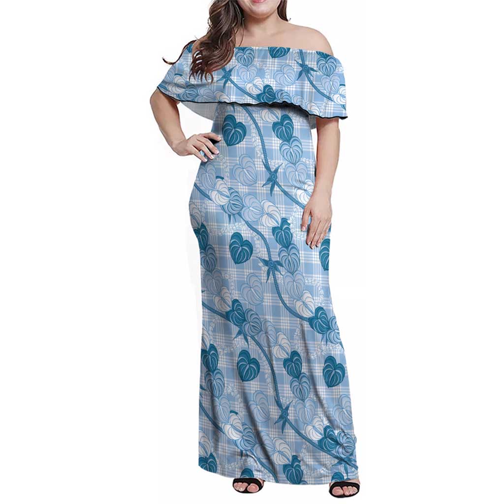 Anthurium Pikake Ti Leaf Palaka Family Matching Off Shoulder Maxi Dress and Hawaiian Shirt Blue Version LT01 Mom's Dress Blue - Polynesian Pride