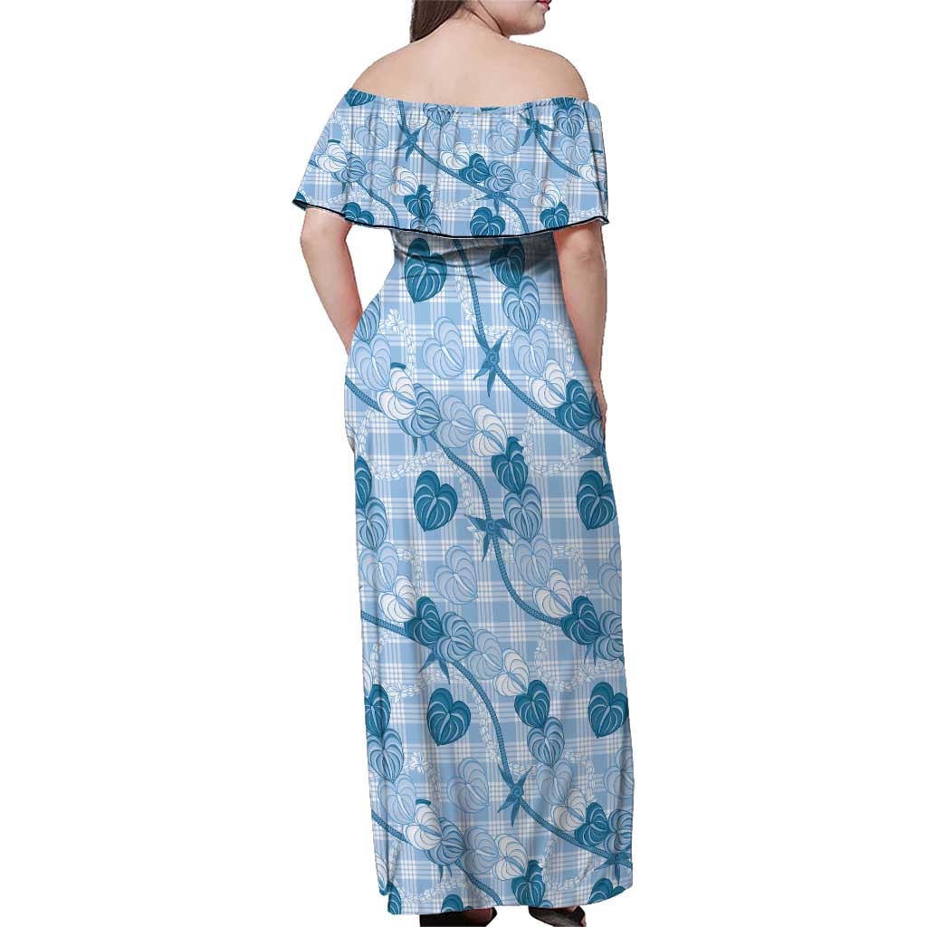 Anthurium Pikake Ti Leaf Palaka Family Matching Off Shoulder Maxi Dress and Hawaiian Shirt Blue Version LT01 - Polynesian Pride