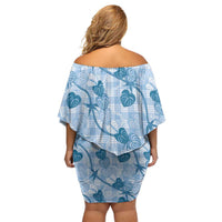 Anthurium Pikake Ti Leaf Palaka Family Matching Off Shoulder Short Dress and Hawaiian Shirt Blue Version LT01 - Polynesian Pride