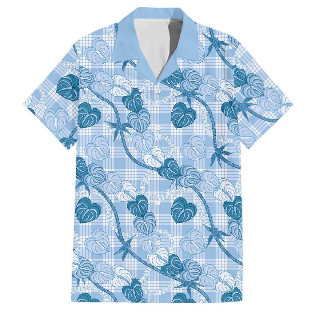Anthurium Pikake Ti Leaf Palaka Family Matching Short Sleeve Bodycon Dress and Hawaiian Shirt Blue Version LT01 Dad's Shirt - Short Sleeve Blue - Polynesian Pride