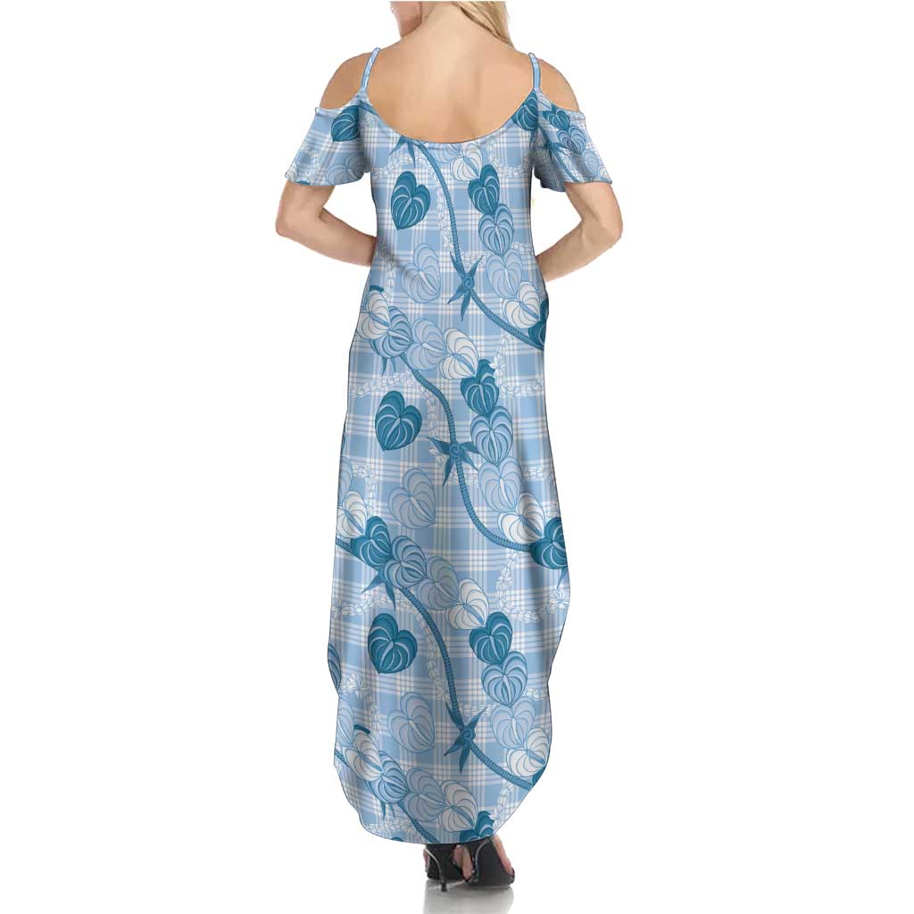 Anthurium Pikake Ti Leaf Palaka Family Matching Summer Maxi Dress and Hawaiian Shirt Blue Version LT01 - Polynesian Pride