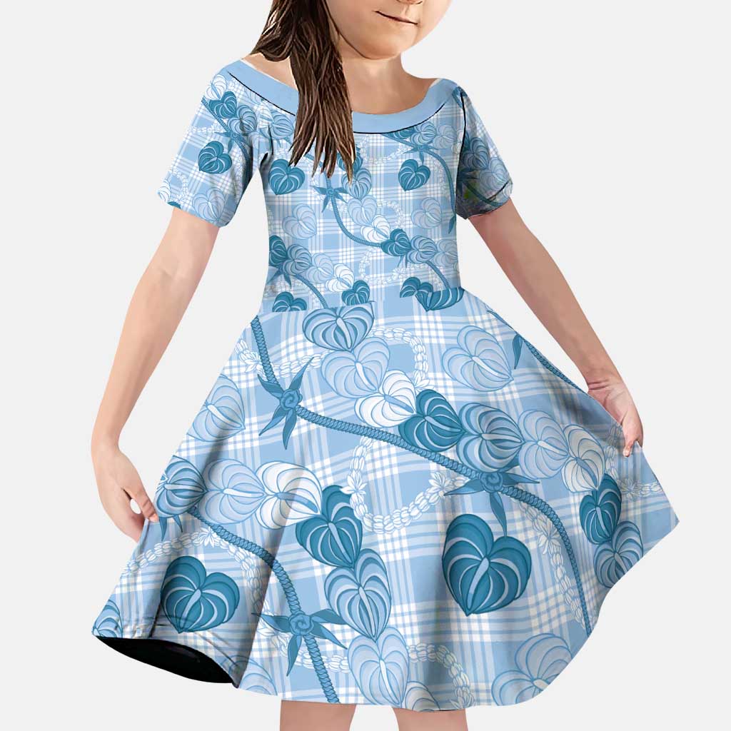 Anthurium Pikake Ti Leaf Palaka Family Matching Tank Maxi Dress and Hawaiian Shirt Blue Version LT01 Daughter's Dress Blue - Polynesian Pride