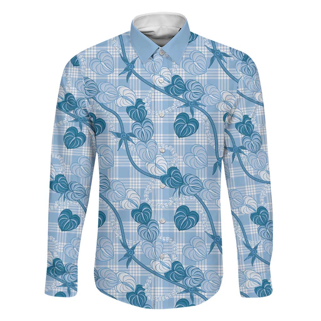 Anthurium Pikake Ti Leaf Palaka Family Matching Tank Maxi Dress and Hawaiian Shirt Blue Version LT01 Dad's Shirt - Long Sleeve Blue - Polynesian Pride