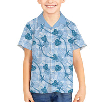 Anthurium Pikake Ti Leaf Palaka Family Matching Tank Maxi Dress and Hawaiian Shirt Blue Version LT01 Son's Shirt Blue - Polynesian Pride