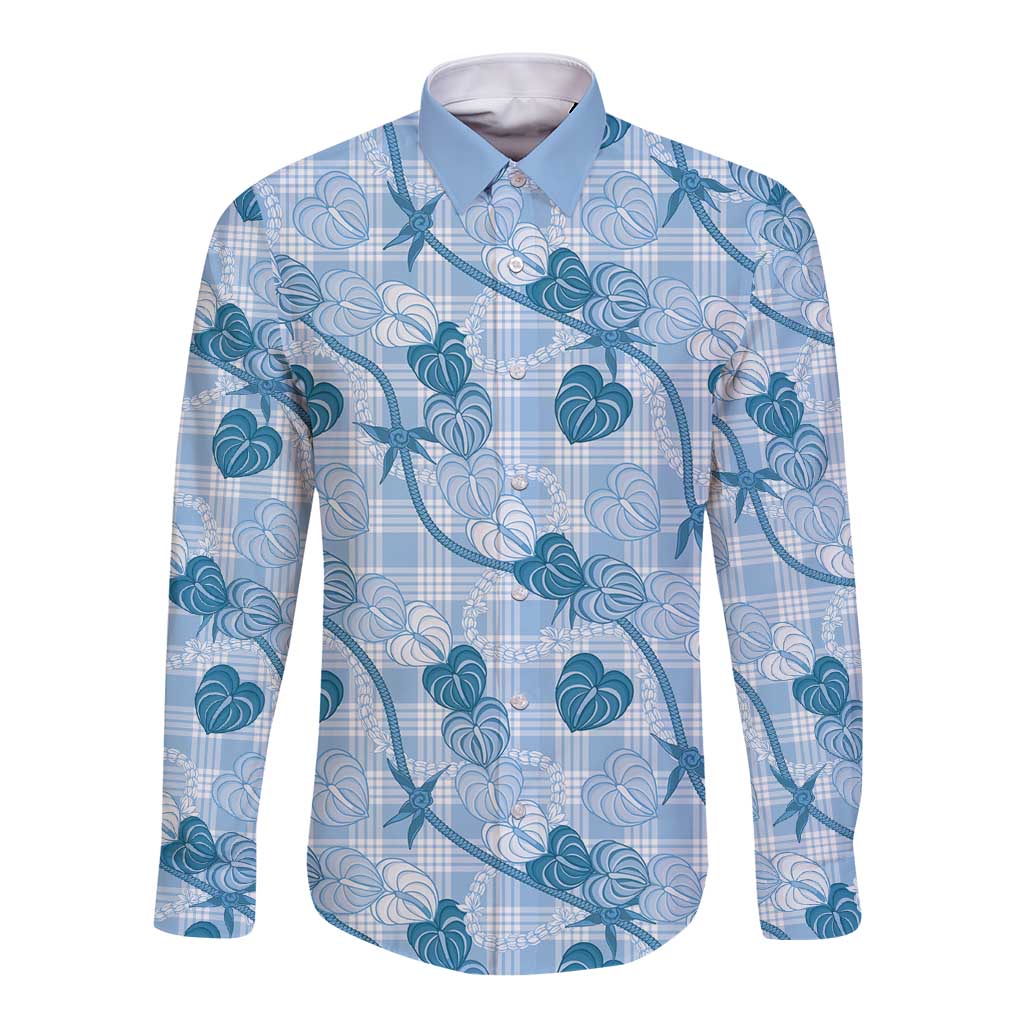 Anthurium Pikake Ti Leaf Palaka Long Sleeve Button Shirt Blue Version LT01 Unisex Blue - Polynesian Pride