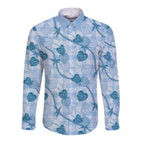 Anthurium Pikake Ti Leaf Palaka Long Sleeve Button Shirt Blue Version LT01 Unisex Blue - Polynesian Pride