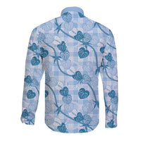Anthurium Pikake Ti Leaf Palaka Long Sleeve Button Shirt Blue Version LT01 - Polynesian Pride
