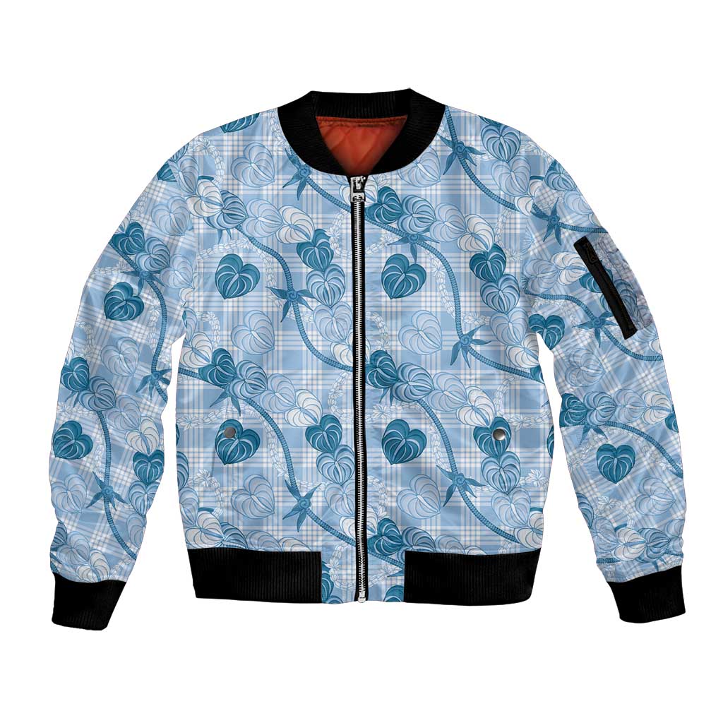 Anthurium Pikake Ti Leaf Palaka Sleeve Zip Bomber Jacket Blue Version LT01 Unisex Blue - Polynesian Pride