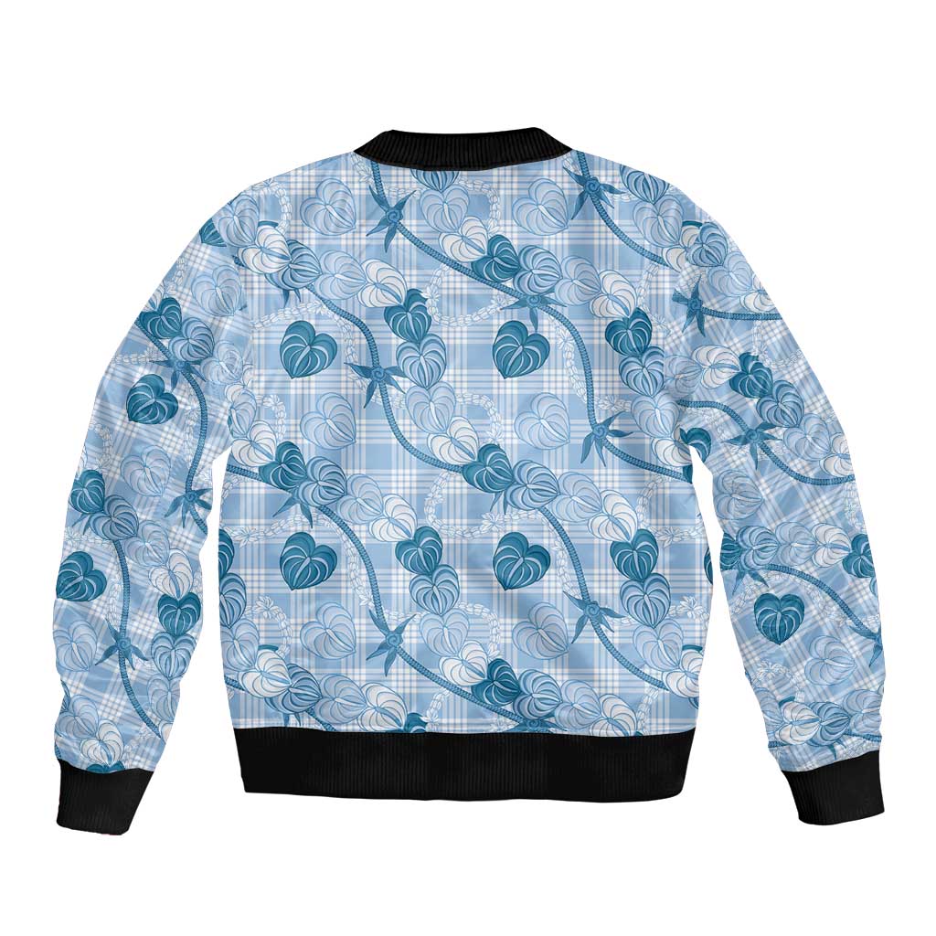 Anthurium Pikake Ti Leaf Palaka Sleeve Zip Bomber Jacket Blue Version LT01 - Polynesian Pride