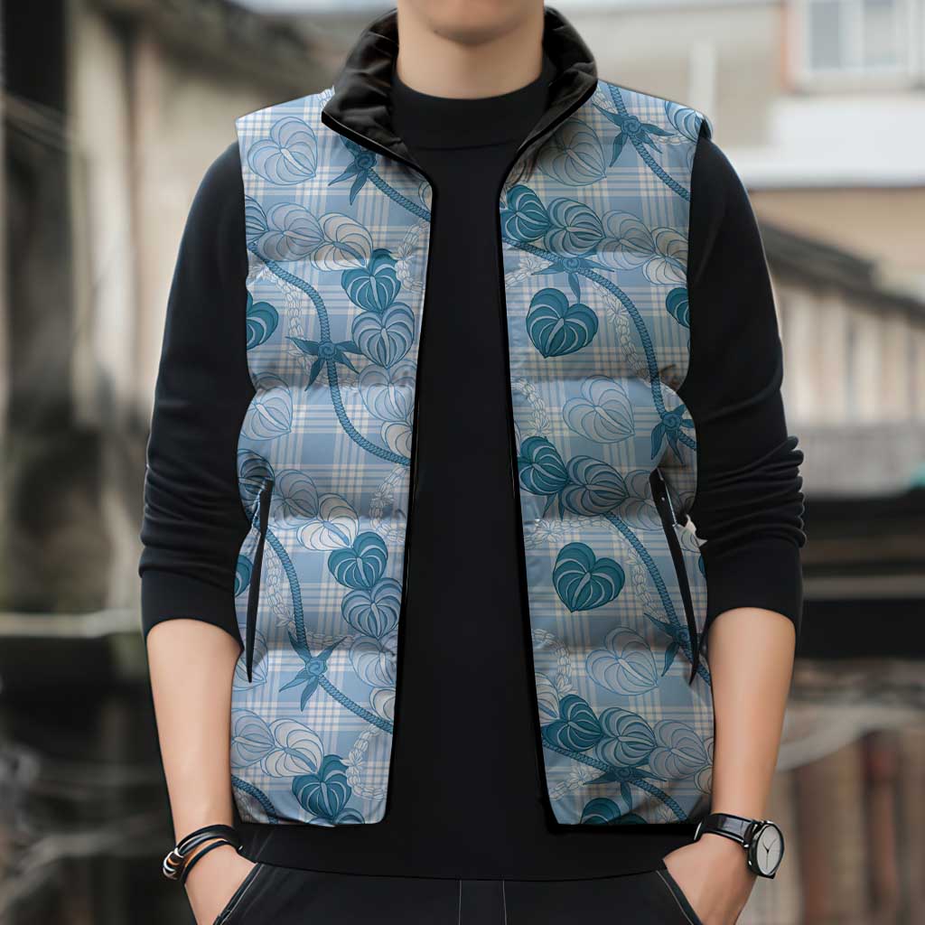Anthurium Pikake Ti Leaf Palaka Sleeveless Puffer Jacket Blue Version LT01 - Polynesian Pride