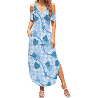 Anthurium Pikake Ti Leaf Palaka Summer Maxi Dress Blue Version LT01 Women Blue - Polynesian Pride