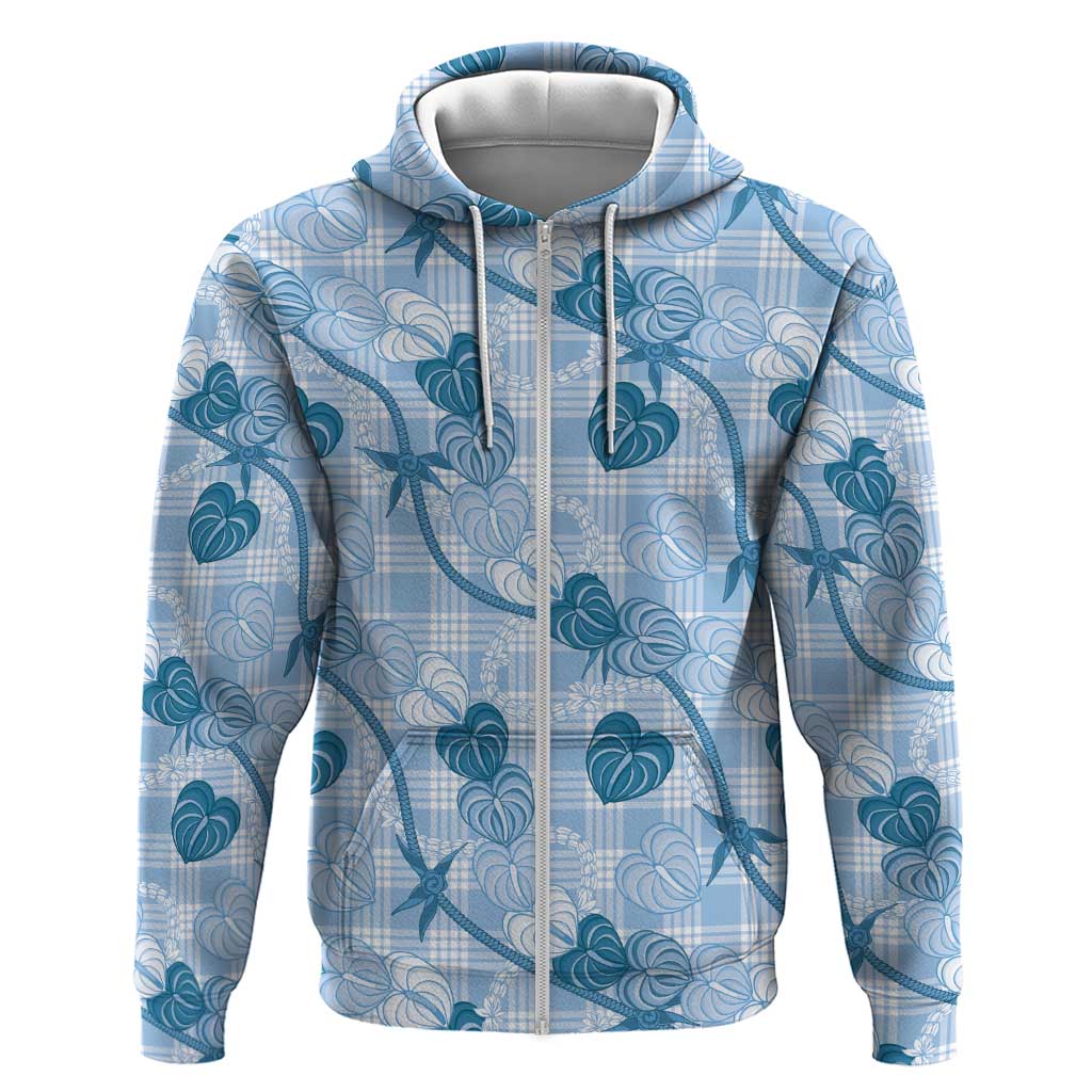 Anthurium Pikake Ti Leaf Palaka Zip Hoodie Blue Version LT01 Zip Hoodie Blue - Polynesian Pride