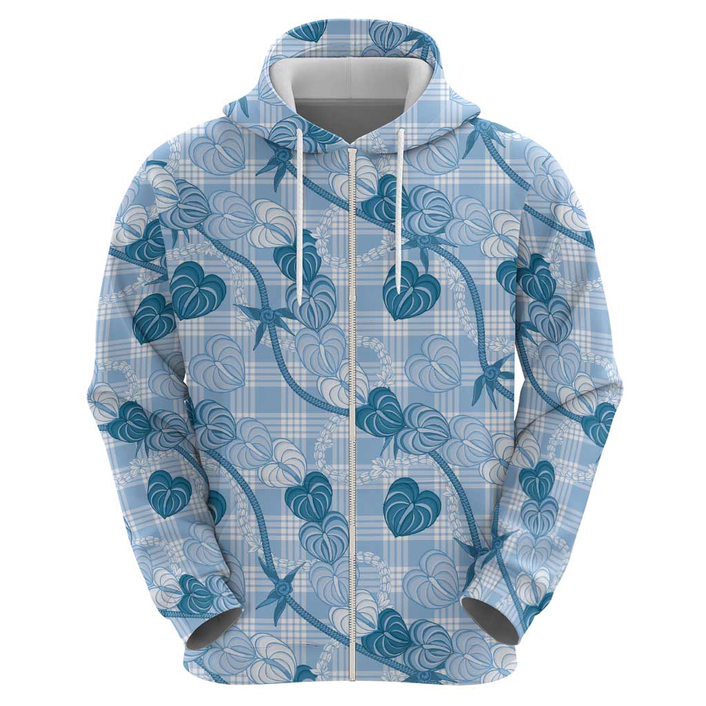 Anthurium Pikake Ti Leaf Palaka Zip Hoodie Blue Version LT01 - Polynesian Pride