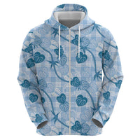 Anthurium Pikake Ti Leaf Palaka Zip Hoodie Blue Version LT01 - Polynesian Pride