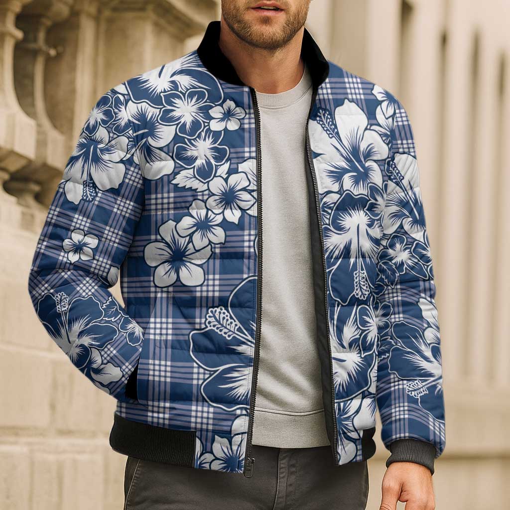 Hibiscus Pakala Cobalt Blue Royal Bomber Puffer Jacket Tropical Floral Stylized - Polynesian Pride