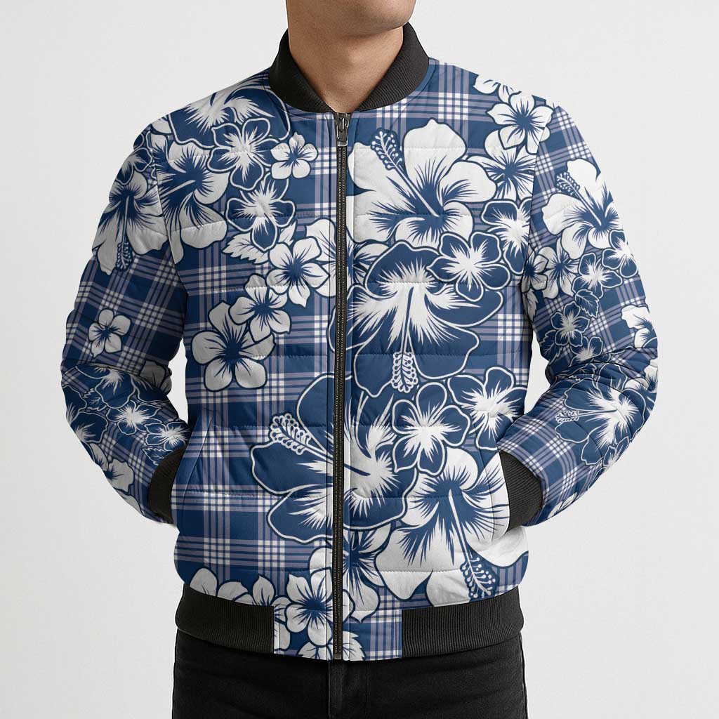 Hibiscus Pakala Cobalt Blue Royal Bomber Puffer Jacket Tropical Floral Stylized - Polynesian Pride