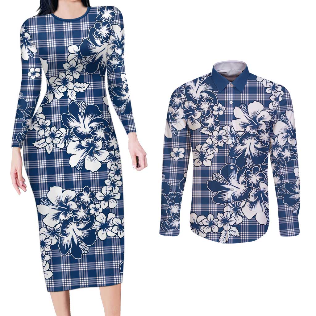 Hibiscus Pakala Cobalt Blue Royal Couples Matching Long Sleeve Bodycon Dress and Long Sleeve Button Shirt Tropical Floral Stylized - Polynesian Pride