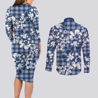 Hibiscus Pakala Cobalt Blue Royal Couples Matching Long Sleeve Bodycon Dress and Long Sleeve Button Shirt Tropical Floral Stylized - Polynesian Pride