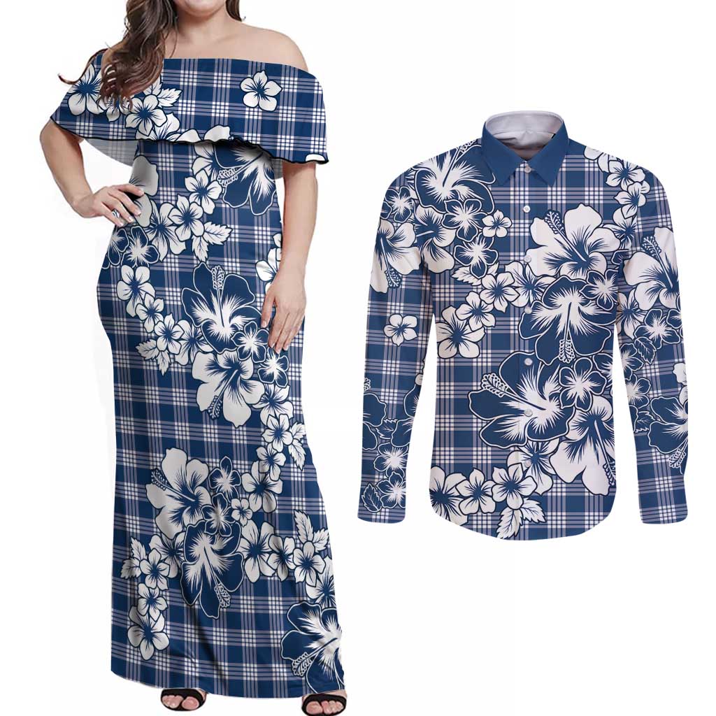 Hibiscus Pakala Cobalt Blue Royal Couples Matching Off Shoulder Maxi Dress and Long Sleeve Button Shirt Tropical Floral Stylized - Polynesian Pride