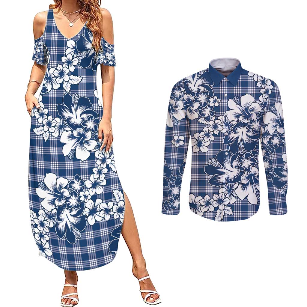 Hibiscus Pakala Cobalt Blue Royal Couples Matching Summer Maxi Dress and Long Sleeve Button Shirt Tropical Floral Stylized - Polynesian Pride