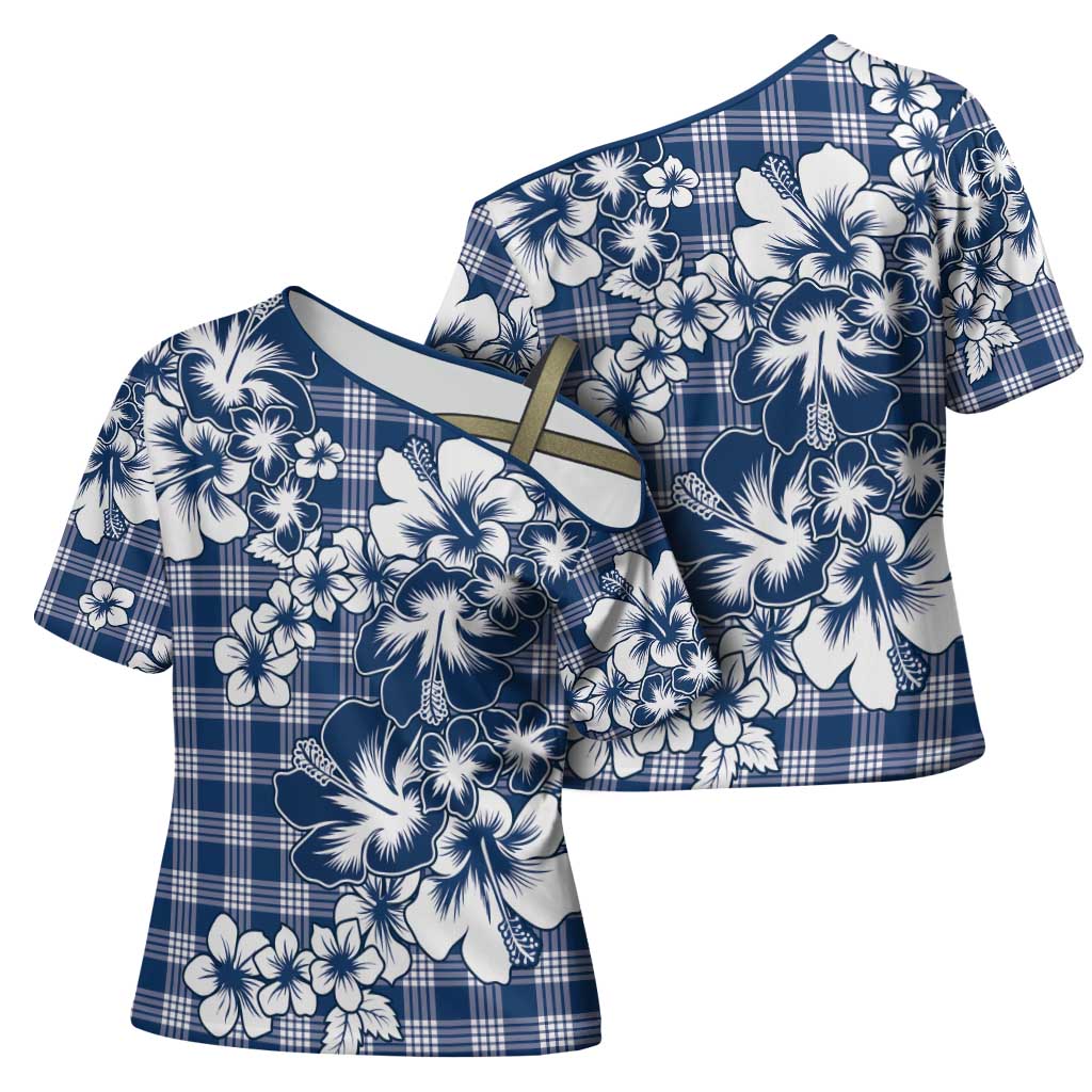 Hibiscus Pakala Cobalt Blue Royal Cross Shoulder Shirt Tropical Floral Stylized - Polynesian Pride