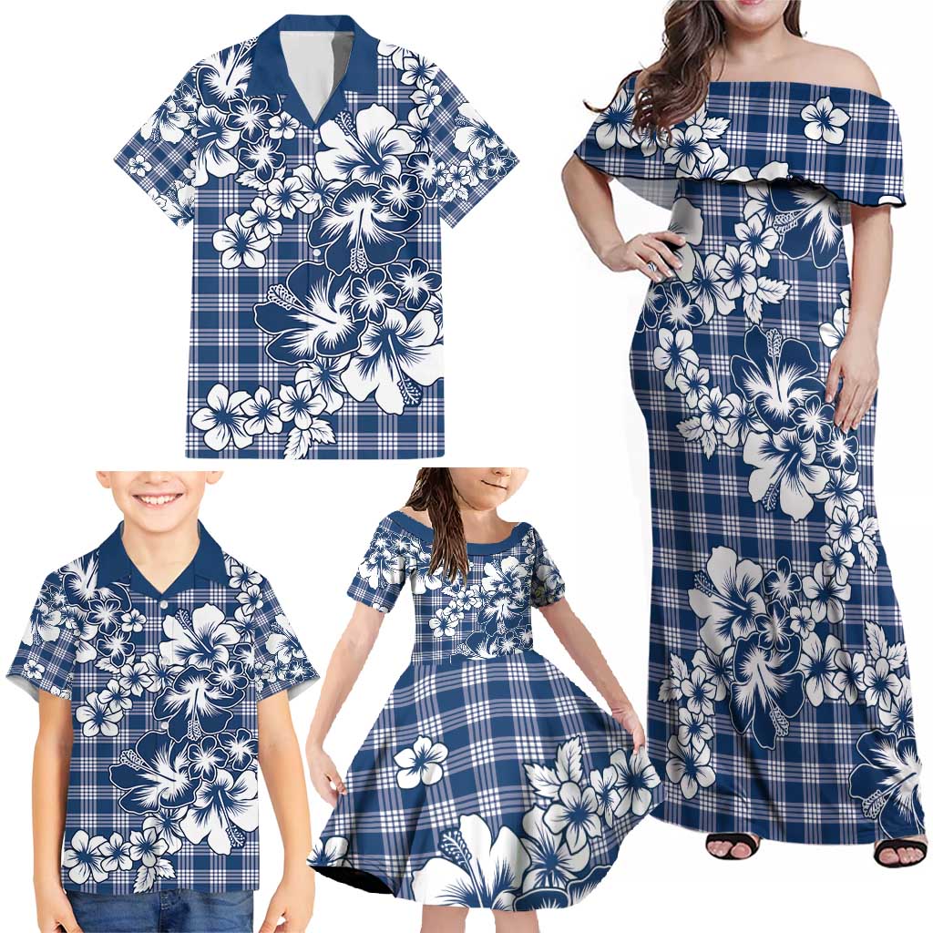 Hibiscus Pakala Cobalt Blue Royal Family Matching Off Shoulder Maxi Dress and Hawaiian Shirt Tropical Floral Stylized - Polynesian Pride