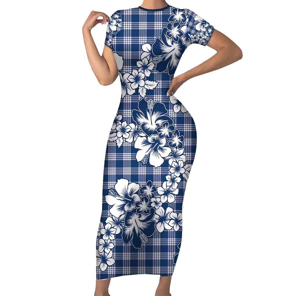 Hibiscus Pakala Cobalt Blue Royal Family Matching Short Sleeve Bodycon Dress and Hawaiian Shirt Tropical Floral Stylized - Polynesian Pride