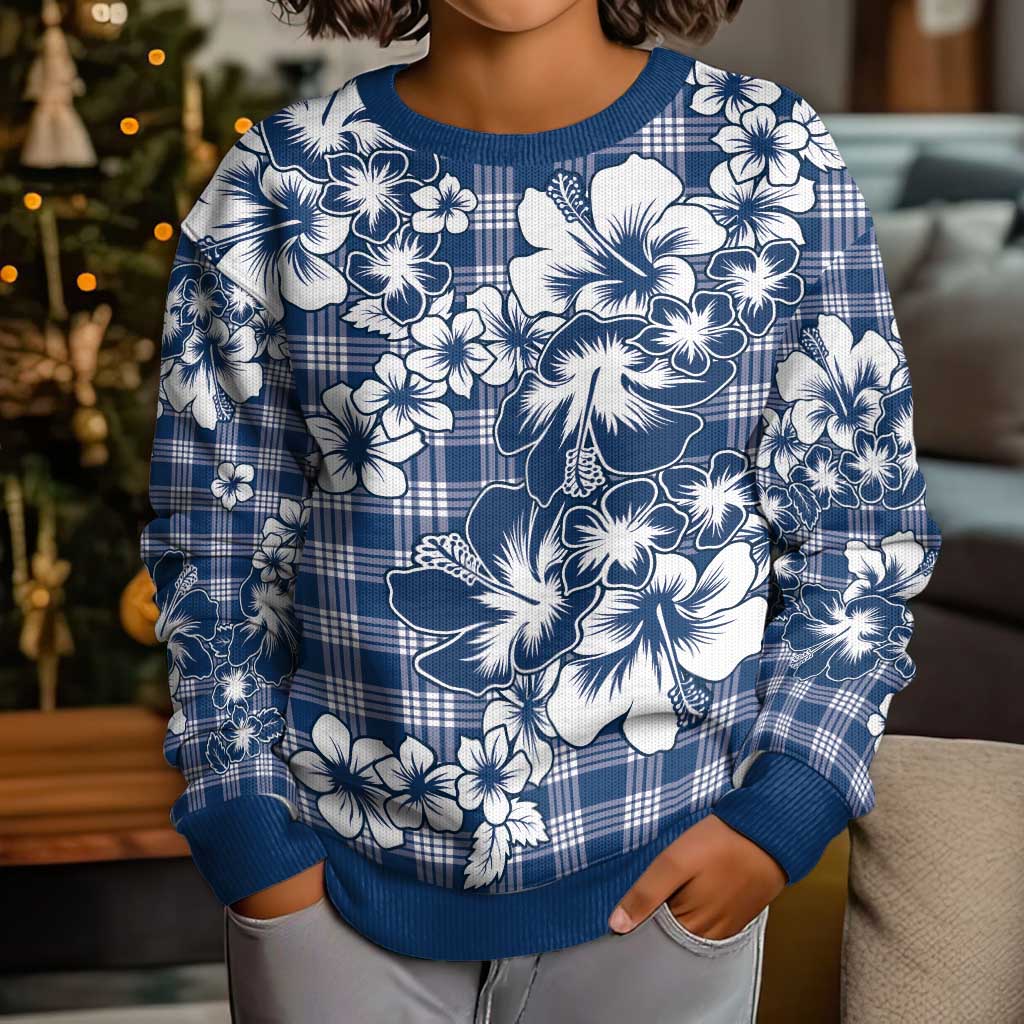 Hibiscus Pakala Cobalt Blue Royal Kid Ugly Christmas Sweater Tropical Floral Stylized - Polynesian Pride