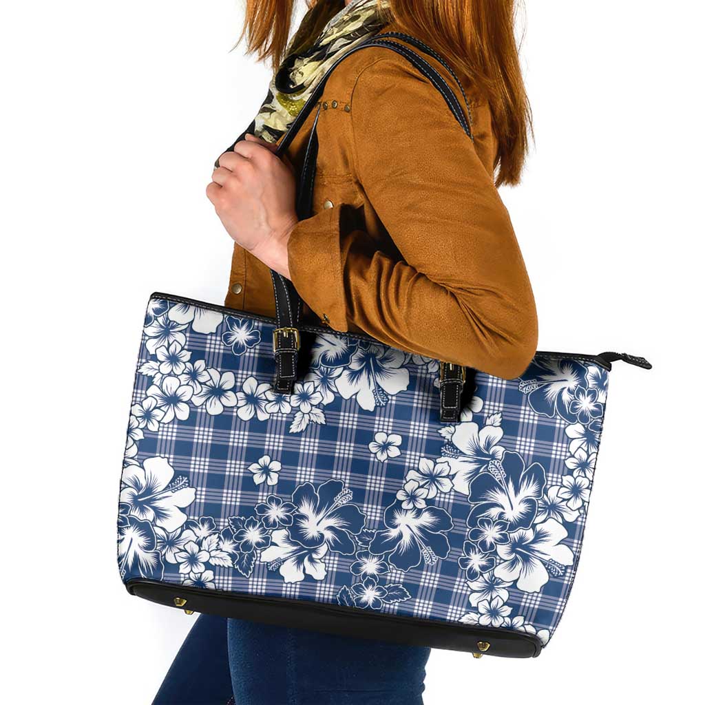 Hibiscus Pakala Cobalt Blue Royal Leather Tote Bag Tropical Floral Stylized LT01 Blue - Polynesian Pride