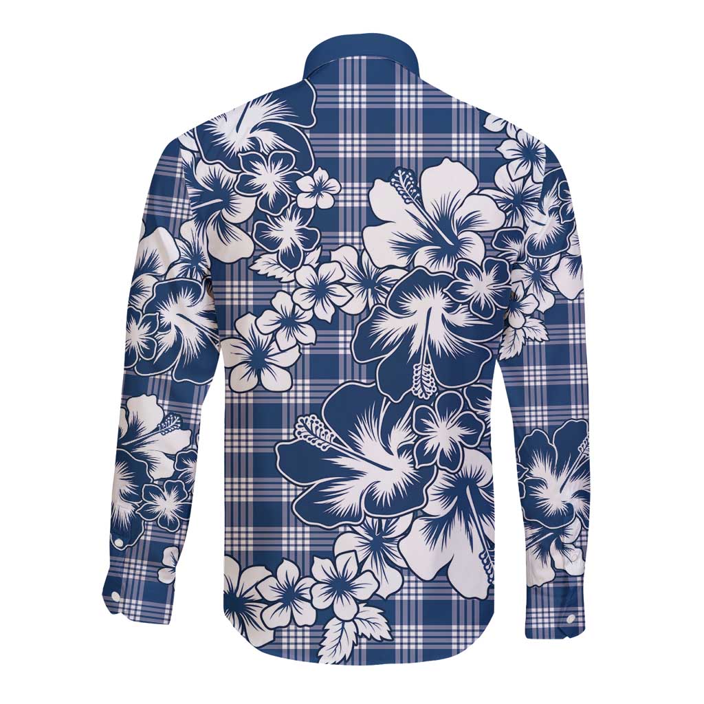 Hibiscus Pakala Cobalt Blue Royal Long Sleeve Button Shirt Tropical Floral Stylized - Polynesian Pride