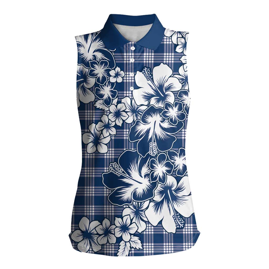 Hibiscus Pakala Cobalt Blue Royal Women Sleeveless Polo Shirt Tropical Floral Stylized - Polynesian Pride