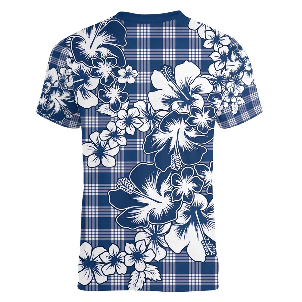 Hibiscus Pakala Cobalt Blue Royal Women V-Neck T-Shirt Tropical Floral Stylized - Polynesian Pride